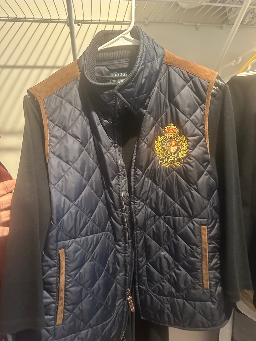 Polo by Ralph Lauren Navy Quilted Vest with Brown Trim & Crest